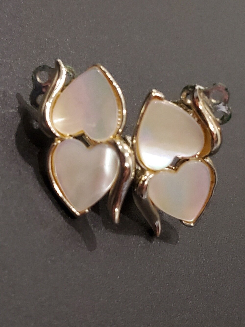 Vintage CORO Mother-of-Pearl Heart Clip On Earrings On Gold-tone Setting
